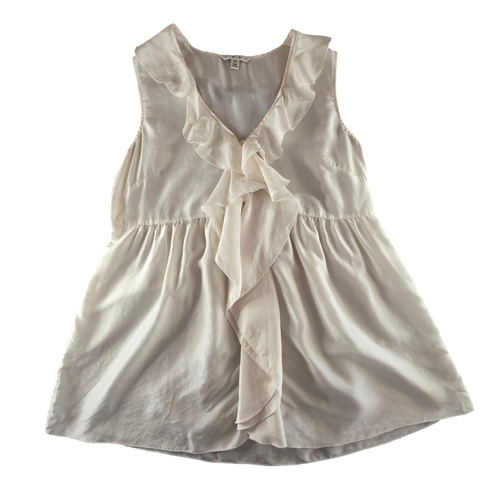 White 100% Silk Ruffle V-Neck Babydoll Sleeveless‎ Blouse Medium Cabi Coquette